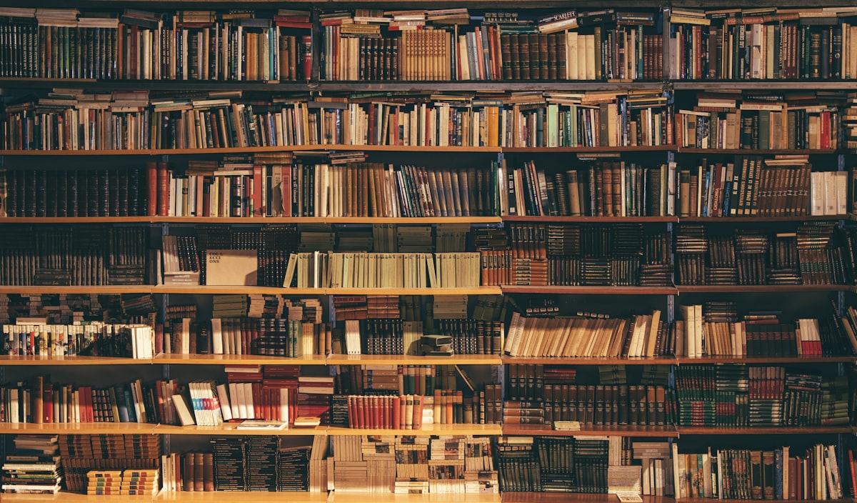 Rows of academic books on library shelves